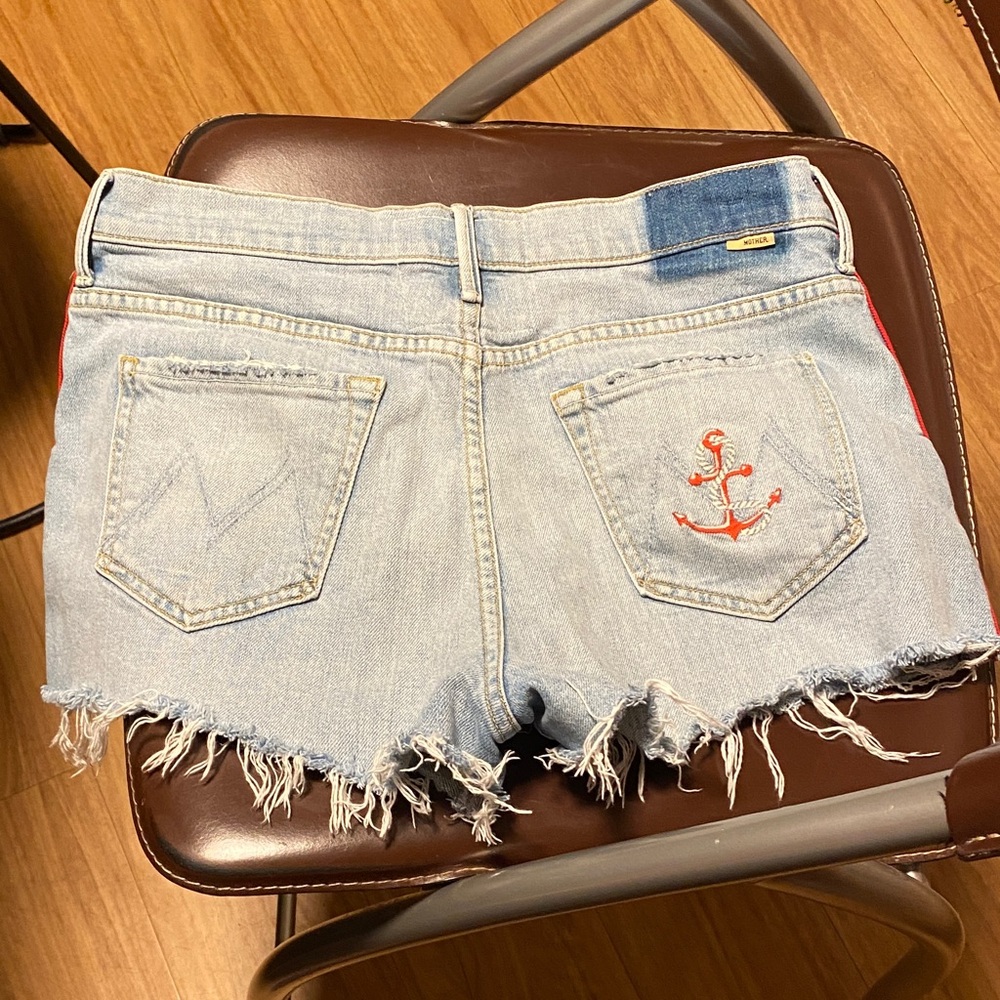 MOTHER Light Blue Jean Shorts with Red Anchor